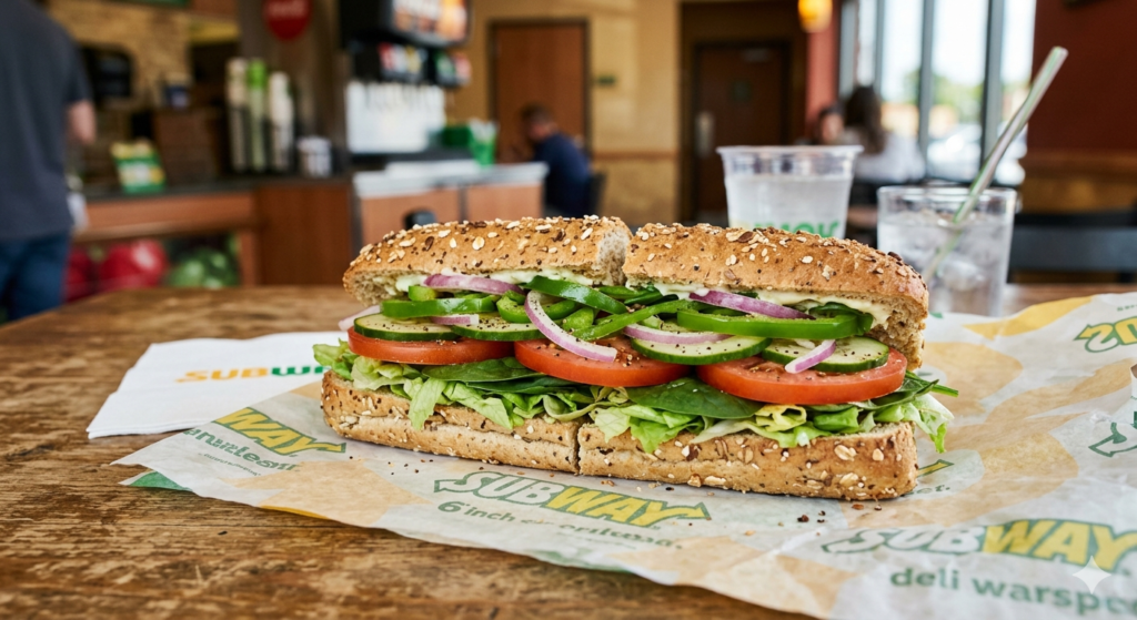 Veggie Delite Subway price 2026 with fresh vegetables on multigrain bread