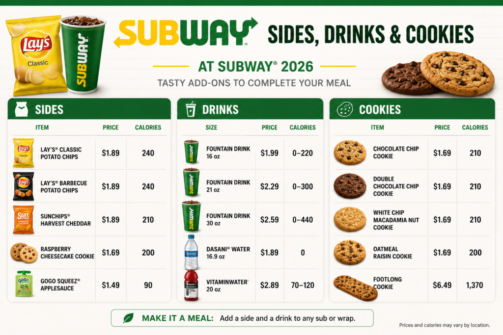 Sides Drinks and Cookies at Subway 2026: Prices and Calories