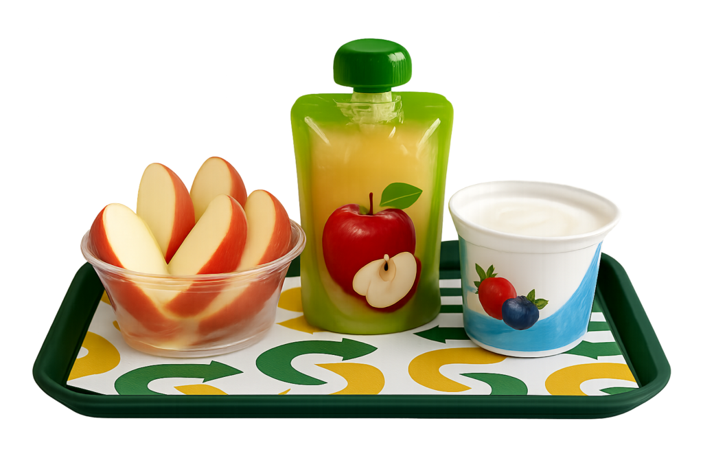 Subway kids menu side options including apple slices and applesauce and yogurt cup