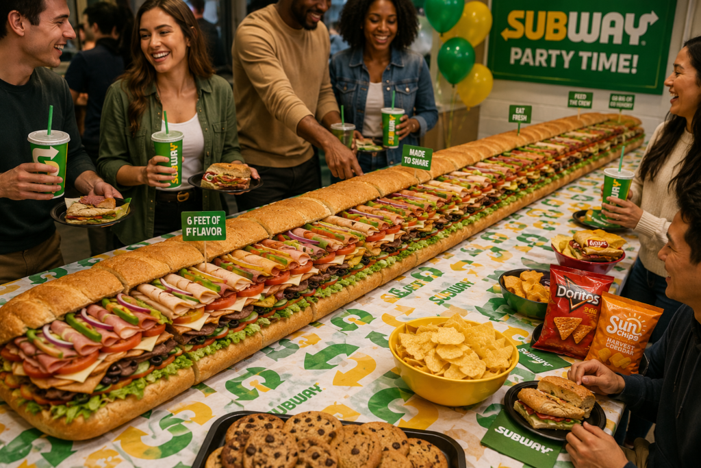 Subway catering 6-foot Giant Sub party platter cut into portions for a large group