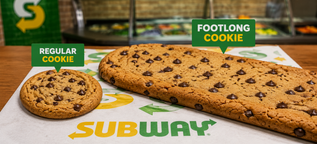 Subway cookies menu showing a regular chocolate chip cookie next to the Footlong Cookie