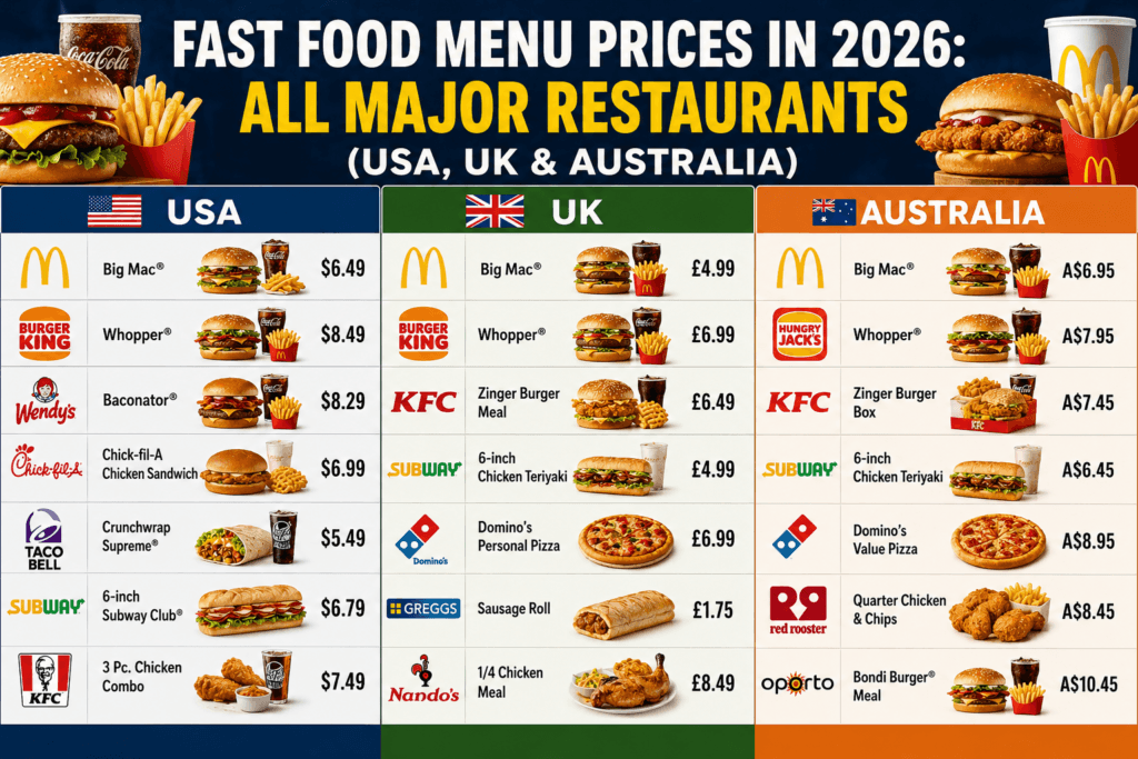 Fast Food Menu Prices in 2026: All Major Restaurants (USA, UK & Australia)