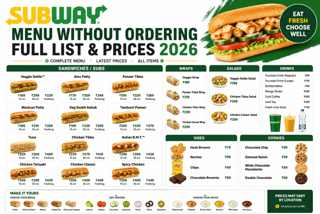Subway Menu Without Ordering Full List & Prices 2026