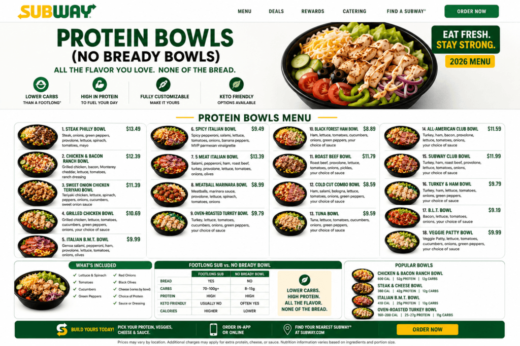 Subway Protein Bowls / No Bready Bowls Menu
