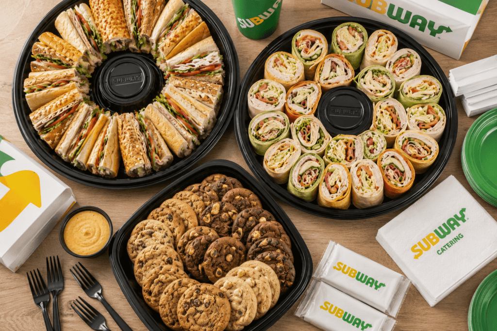 Subway catering platters with assorted subs, wraps, and cookies set up for an office party